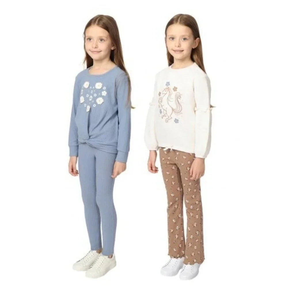 KHQ Kids' 4-piece Playwear Set Girls Two Tops Two Pants Sz 6 Flowers Unicorn